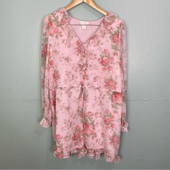Rachel Parcell Pink Frosty Sophia Floral Romper Long Sleeve Sz L - Picture 2 of 6